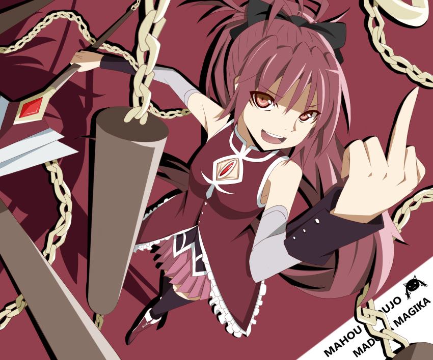 :d bare_shoulders black_legwear black_thighhighs breasts chain chains cleavage detached_sleeves do-tan from_above highres long_hair magical_girl mahou_shoujo_madoka_magica middle_finger open_mouth perspective pleated_skirt polearm ponytail red_eyes red_hair redhead sakura_kyouko skirt smile solo spear thigh-highs thighhighs weapon