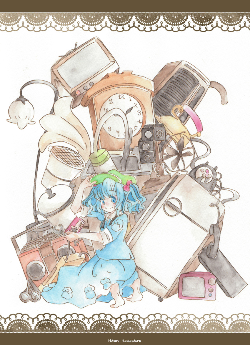 absurdres barefoot blue_eyes blue_hair blush broken cassette_player clock controller fan hair_bobbles hair_ornament hand_on_hat hat highres kawashiro_nitori kneeling lamp microwave phone phonograph pocket radiator refrigerator short_twintails sink smile solo television touhou twintails wrench