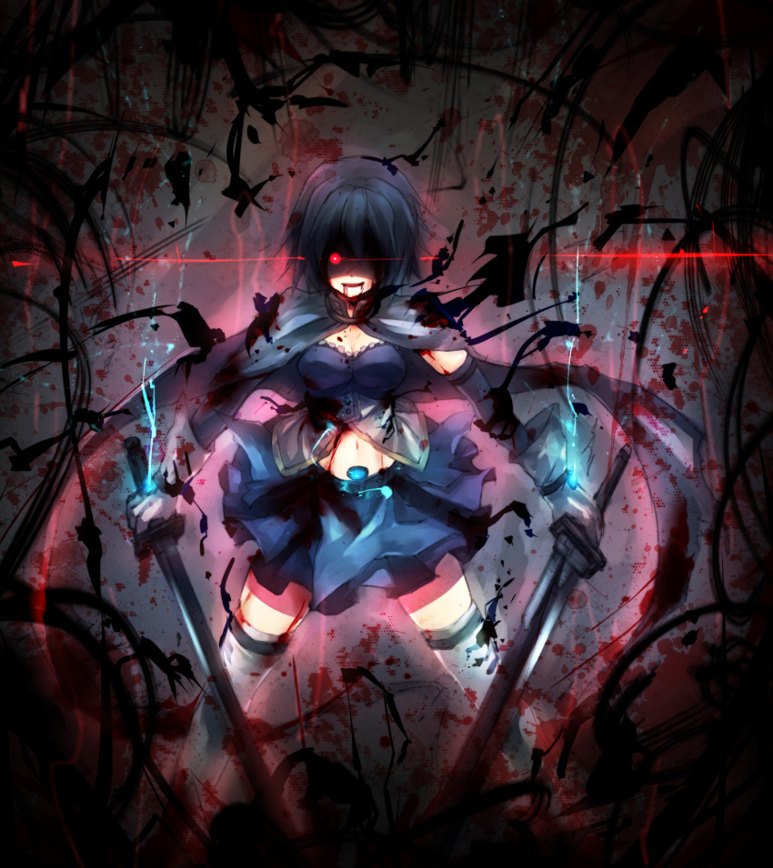 blood blood_stain blue_hair cape dark dual_persona dual_wielding gloves glowing glowing_eye glowing_eyes hair_over_one_eye highres light_smile mahou_shoujo_madoka_magica mamuru miki_sayaka navel red_eyes shaded_face short_hair solo sword thigh-highs thighhighs weapon white_gloves witch's_labyrinth