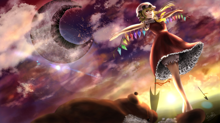 ascot blonde_hair blush flandre_scarlet freddie hat highres lance moon polearm red_eyes side_ponytail sky solo the_embodiment_of_scarlet_devil touhou weapon wings