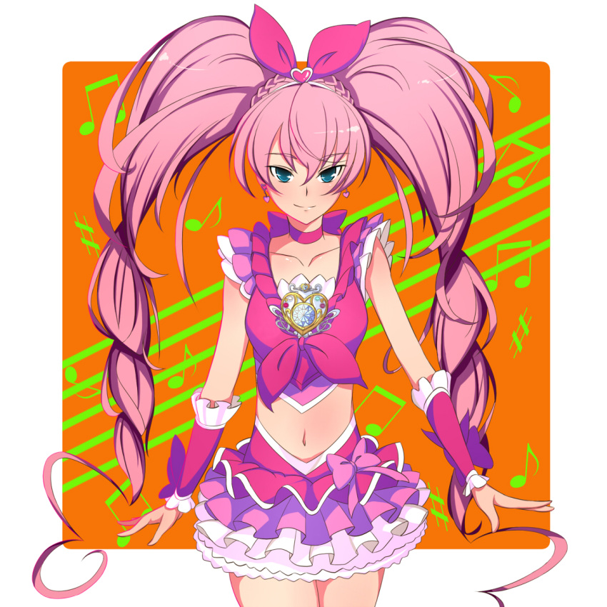 blue_eyes bow cure_melody hair_bow heart highres houjou_hibiki kani_get long_hair magical_girl midriff musical_note navel orange_background pink_hair precure skirt solo staff_(music) suite_precure twintails