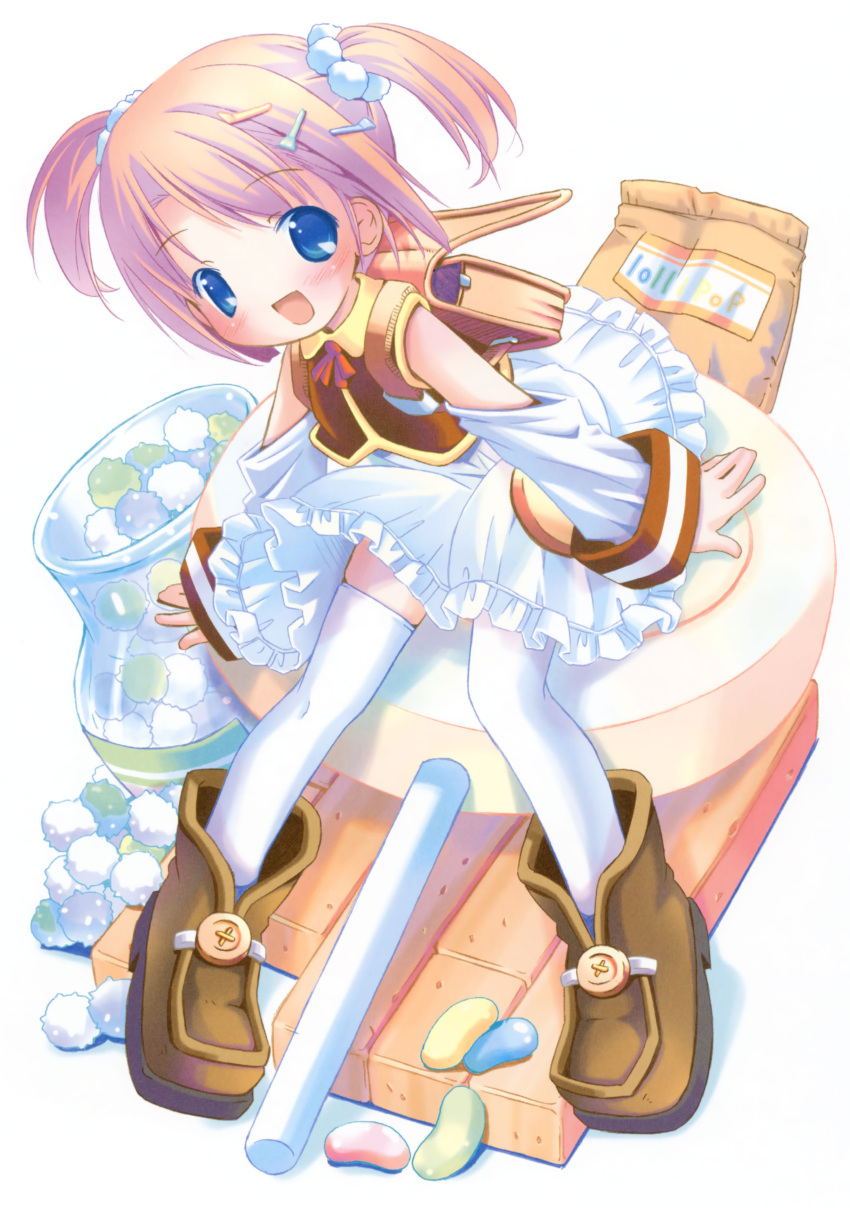 :d arm_support backpack bag blue_eyes bottle buttons candy food hair_ornament happy highres jelly_bean large_buttons lollipop moetan nijihara_ink no_nose open_mouth pink_hair pop randoseru school_uniform short_hair simple_background sitting smile solo sweets thigh-highs thighhighs twintails white_legwear white_thighhighs