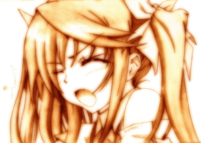 closed_eyes eyes_closed fang_lin_yin godees highres huang_lingyin infinite_stratos long_hair monochrome open_mouth sepia shouting sketch solo traditional_media twintails