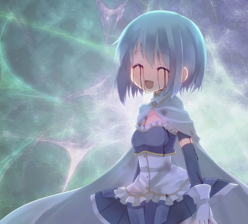 blood bloody_tears blue_hair cape closed_eyes eyes_closed gloves highres magical_girl mahou_shoujo_madoka_magica miki_sayaka open_mouth short_hair smile solo tahya white_gloves