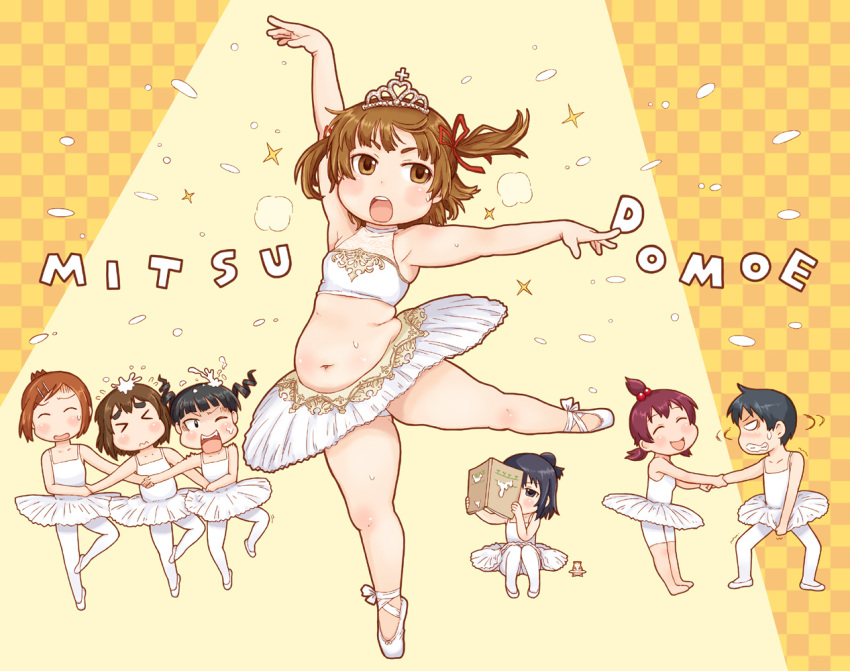 belly black_hair brown_eyes brown_hair chikubi chubby crossdressinging dancing drill_hair eyebrows hair_bobbles hair_bun hair_ornament hair_ribbon hairclip hamster hand_holding high_ponytail holding_hands magazine marui_futaba marui_hitoha marui_mitsuba mitsudomoe miyashita navel pantyhose plump red_hair redhead ribbon satou_shin'ya satou_shin'ya short_hair short_twintails sugisaki_miku sweat takagi_hideaki tutu twin_drills twintails yoshioka_yuki