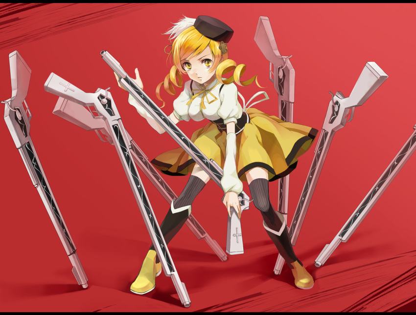 beret boots breasts brown_legwear corset detached_sleeves drill_hair field_of_blades gun hair_ornament hairpin hat knee_boots koromono letterboxed long_hair magical_girl magical_musket mahou_shoujo_madoka_magica pleated_skirt puffy_sleeves red_background ribbon rifle simple_background skirt solo taut_shirt thigh-highs thighhighs tomoe_mami twin_drills vertical-striped_legwear vertical_stripes weapon yellow_eyes zettai_ryouiki