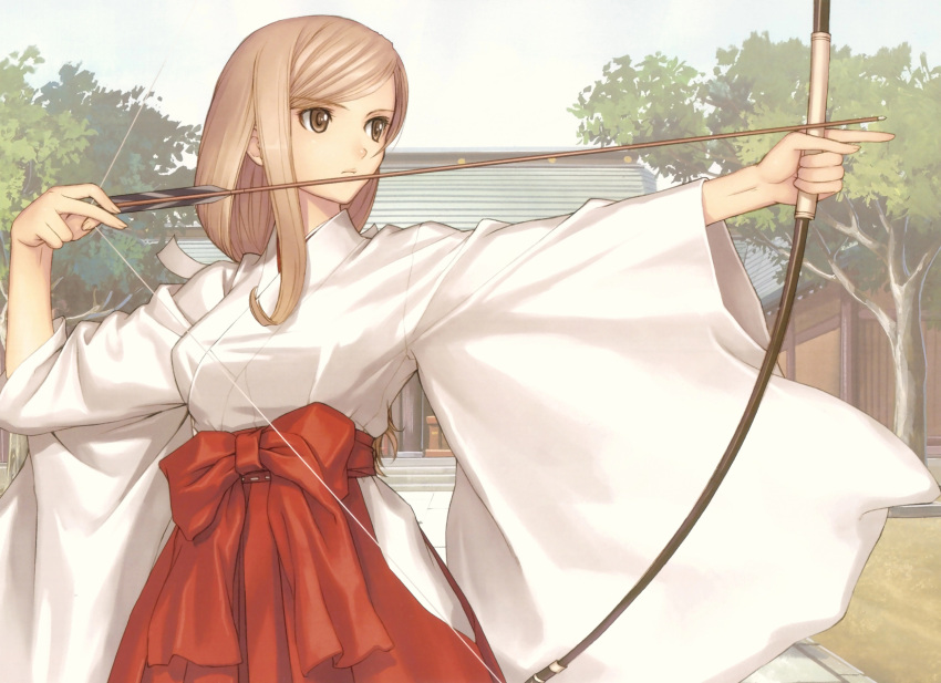 arrow bow bow_(weapon) long_hair miko shining_wind shrine tagme_(character) taka_tony touka_kureha weapon