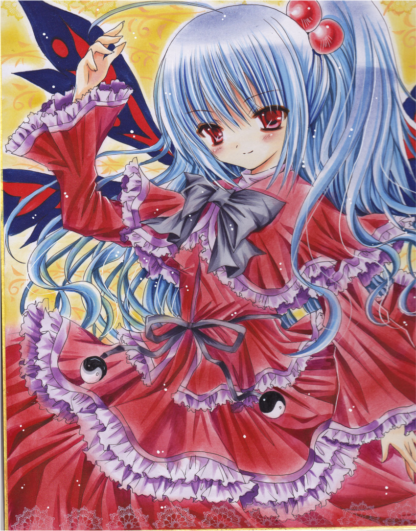 ahoge bad_id blue_hair frills goddess hair_bobbles hair_ornament highres multiple_wings mystic_square red_eyes shinki shoukichi side_ponytail smile solo touhou traditional_media wings yin_yang