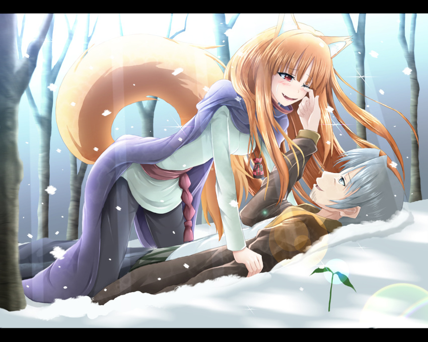brown_hair craft_lawrence fang forest girl_on_top holo horo kazuna letterboxed long_hair nature pouch red_eyes silver_hair snow spice_and_wolf tail tears tree wolf_ears wolf_tail