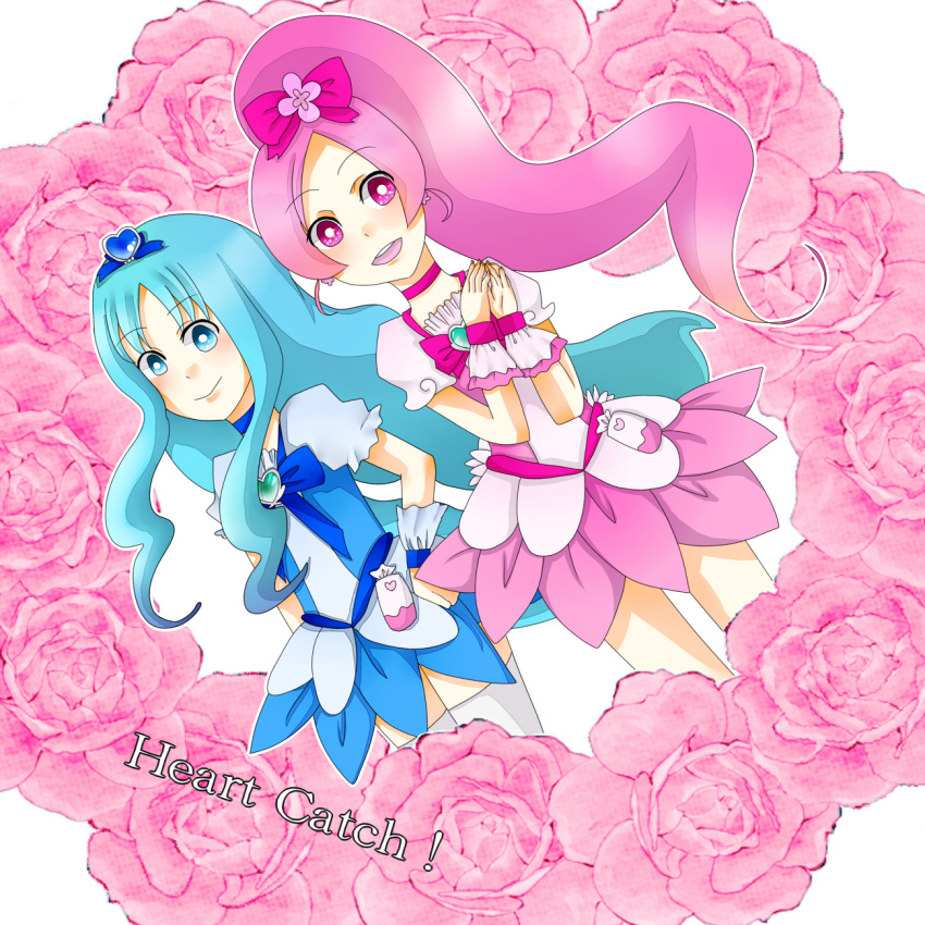 blue_hair blush bow choker cure_blossom cure_marine earrings flower hanasaki_tsubomi heart heartcatch_precure! highres jewelry kurumi_erika long_hair magical_girl open_mouth pink_eyes pink_hair pink_rose ponytail precure rose skirt smile thigh-highs thighhighs title_drop wrist_cuffs