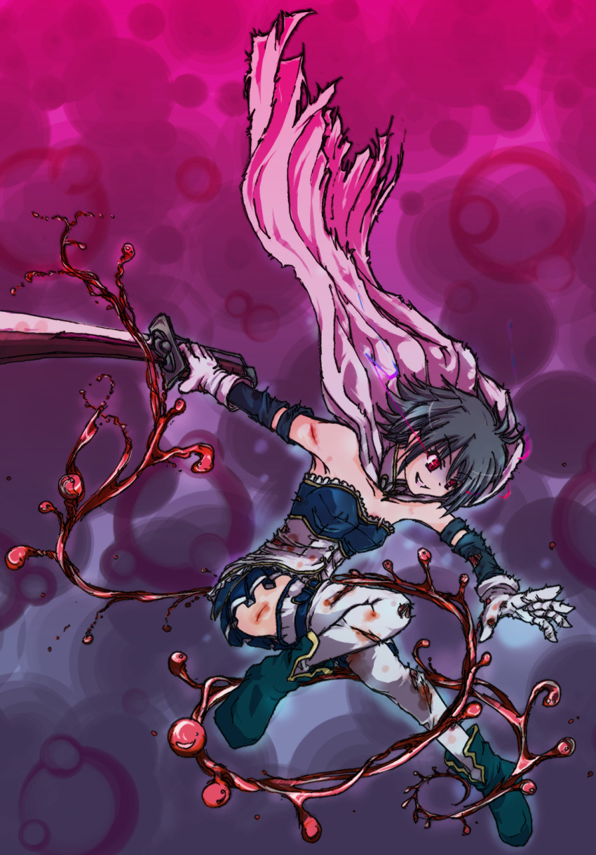 blue_hair cape ere_(elemental) gloves highres injury magical_girl mahou_shoujo_madoka_magica miki_sayaka red_eyes sword torn_cape torn_clothes weapon