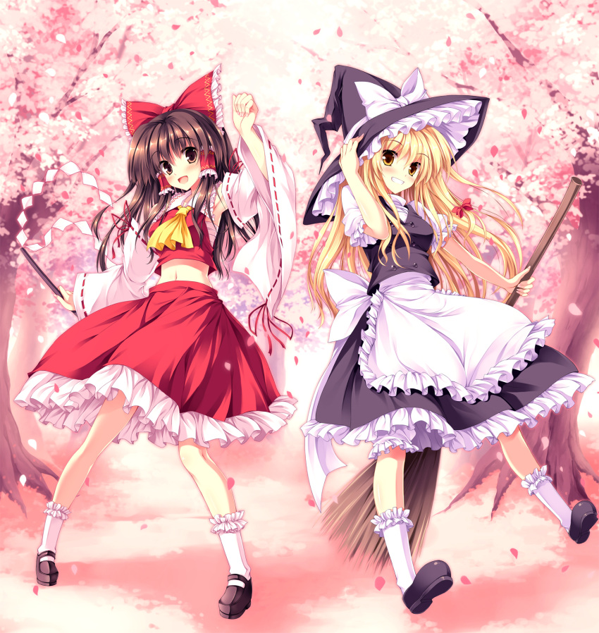 :d apron blonde_hair broom brown_eyes brown_hair cherry_blossoms detached_sleeves grin hakurei_reimu hand_on_hat hat highres japanese_clothes kirisame_marisa long_hair looking_at_viewer midriff miko multiple_girls navel open_mouth petals shoes smile socks tateha_(artist) touhou tree white_legwear wide_sleeves witch witch_hat