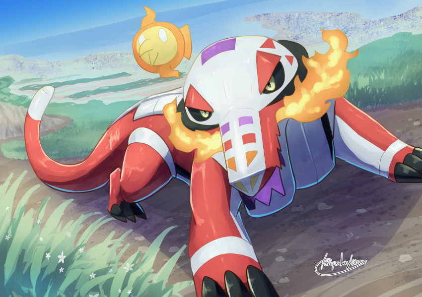 artist_name black_sclera colored_sclera commentary_request crocodilian fire full_body grass highres no_humans open_mouth outdoors pokemon pokemon_(creature) sharp_teeth skeledirge tanpakuroom teeth yellow_eyes
