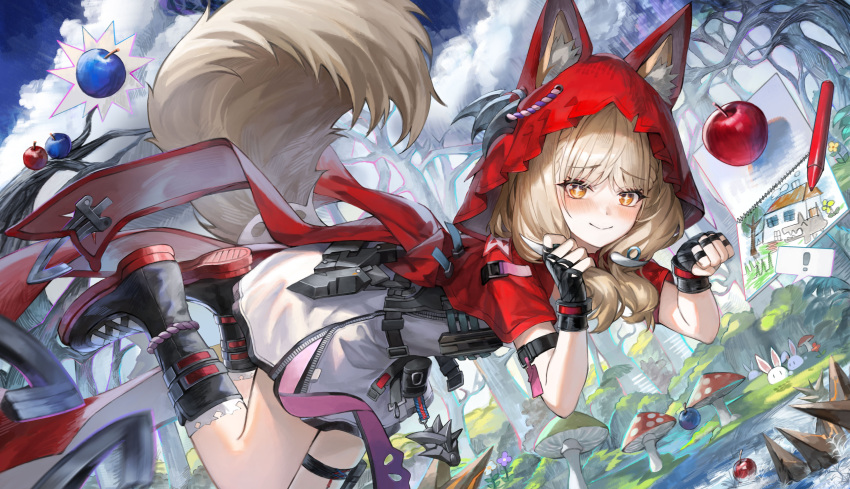 +_+ 1girl absurdres animal_ears apple arknights arknights:_endfield black_boots black_gloves blue_apple blush boots cape closed_mouth commentary cost_(kftf4582) dress ears_through_headwear fingerless_gloves food fruit gloves highres hood hood_up hooded_cape low-tied_sidelocks mushroom orange_eyes rabbit red_cape rossi_(arknights) sidelocks tail tree white_dress wolf_ears wolf_girl wolf_tail
