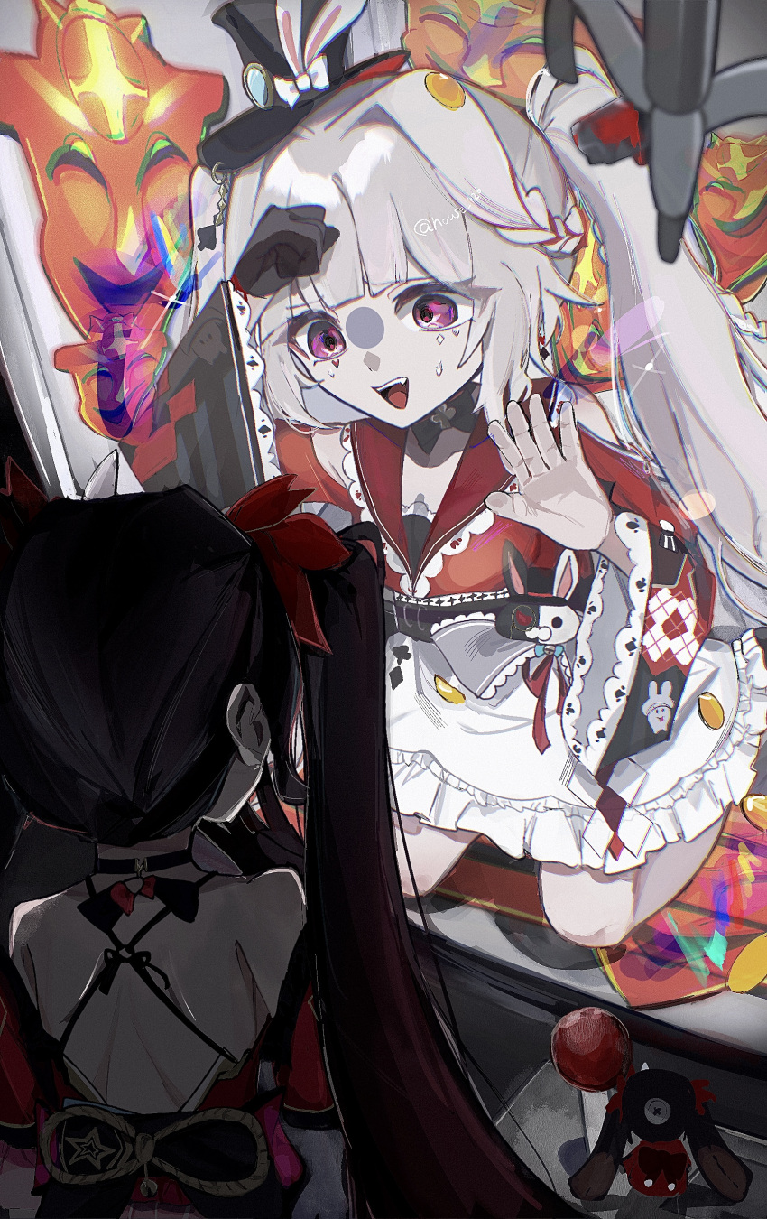 2girls absurdres aha_(honkai:_star_rail) black_choker black_gloves black_hair black_hat choker commentary_request crane_(machine) crane_game diamond_(shape) diamond_facial_mark facial_mark fang gloves hat hat_ornament heart heart_facial_mark highres honkai:_star_rail honkai_(series) in_crane_game long_hair long_sleeves mini_hat mini_top_hat multiple_girls open_mouth pink_eyes rabbit_hat_ornament red_sailor_collar red_shirt sailor_collar sdgy7757 shirt single_glove skirt sparkle_(doll)_(honkai:_star_rail) sparkle_(honkai:_star_rail) sparxie_(honkai:_star_rail) top_hat twintails white_hair white_skirt wide_sleeves