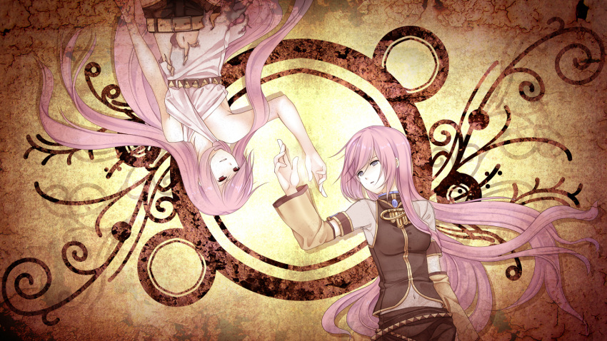 armband belt blue_eyes brown detached_sleeves dual_persona megurine_luka midriff navel on_back pink_hair red_eyes symmetry torn_clothes very_long_hair vocaloid
