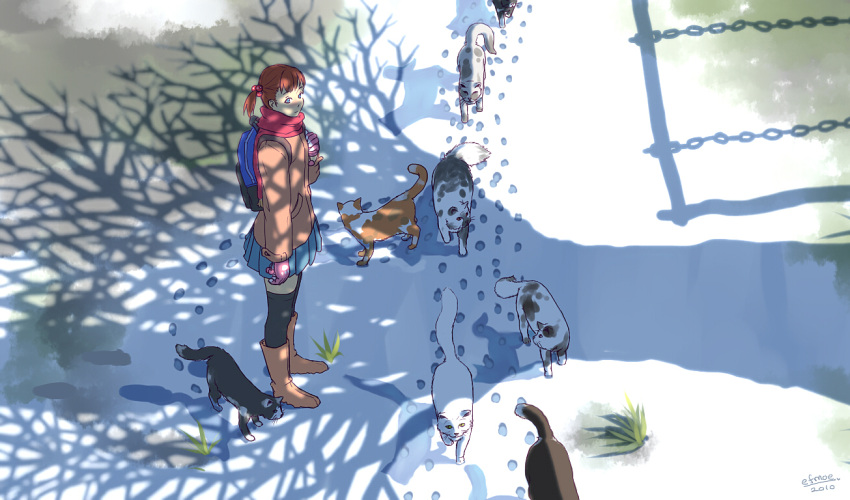 bag bare_tree blue_eyes cat efmoe error from_above gloves hair_bobbles hair_ornament original outdoors paw_print red_hair redhead scarf shade short_hair short_twintails signature snow solo sunlight too_many_cats tree tree_shade twintails winter winter_clothes