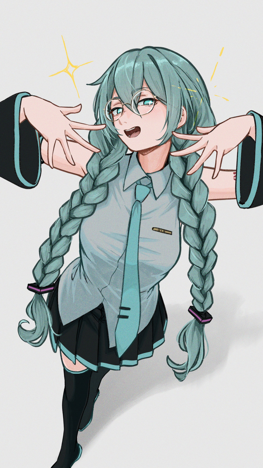 1girl absurdres aqua_eyes aqua_hair aqua_necktie banken bespectacled black_boots black_skirt boots braid commentary detached_sleeves glasses grey_shirt hatsune_miku highres long_hair necktie open_mouth pleated_skirt shadow shirt shoulder_tattoo skirt solo sparkle sparkling_aura tattoo teeth twin_braids upper_teeth_only vocaloid