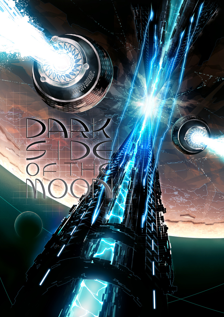 hecatonchei highres massive-rev moon no_humans original science_fiction shuriken_(rev) space_craft spark tower