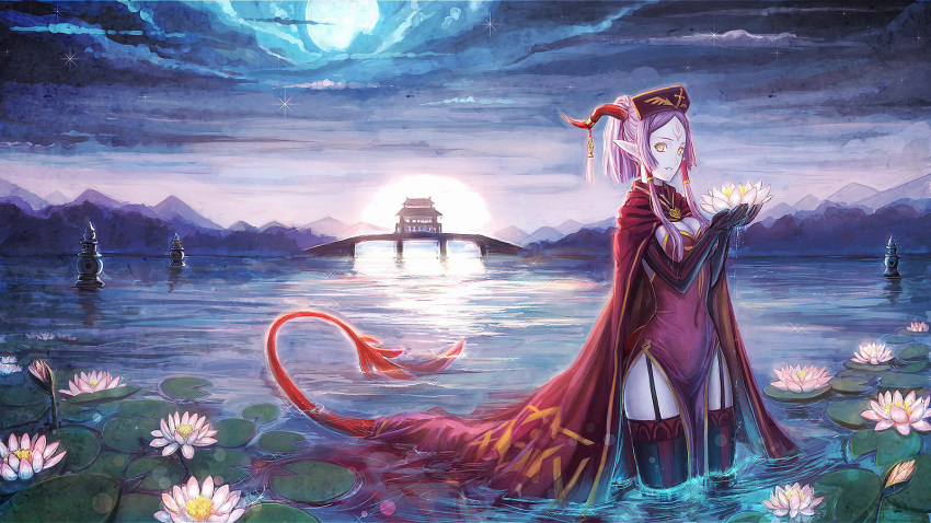 1600x900 16:9 breasts cape cleavage demon_girl dress east_asian_architecture elbow_gloves garters gloves headdress highres horns pale_skin pink_hair pixiv_fantasia pixiv_fantasia_5 pointy_ears ponytail ryuuzaki_itsu scenery smile solo stone_lantern succubus tail tattoo thigh-highs thigh_boots thighhighs wading wallpaper water