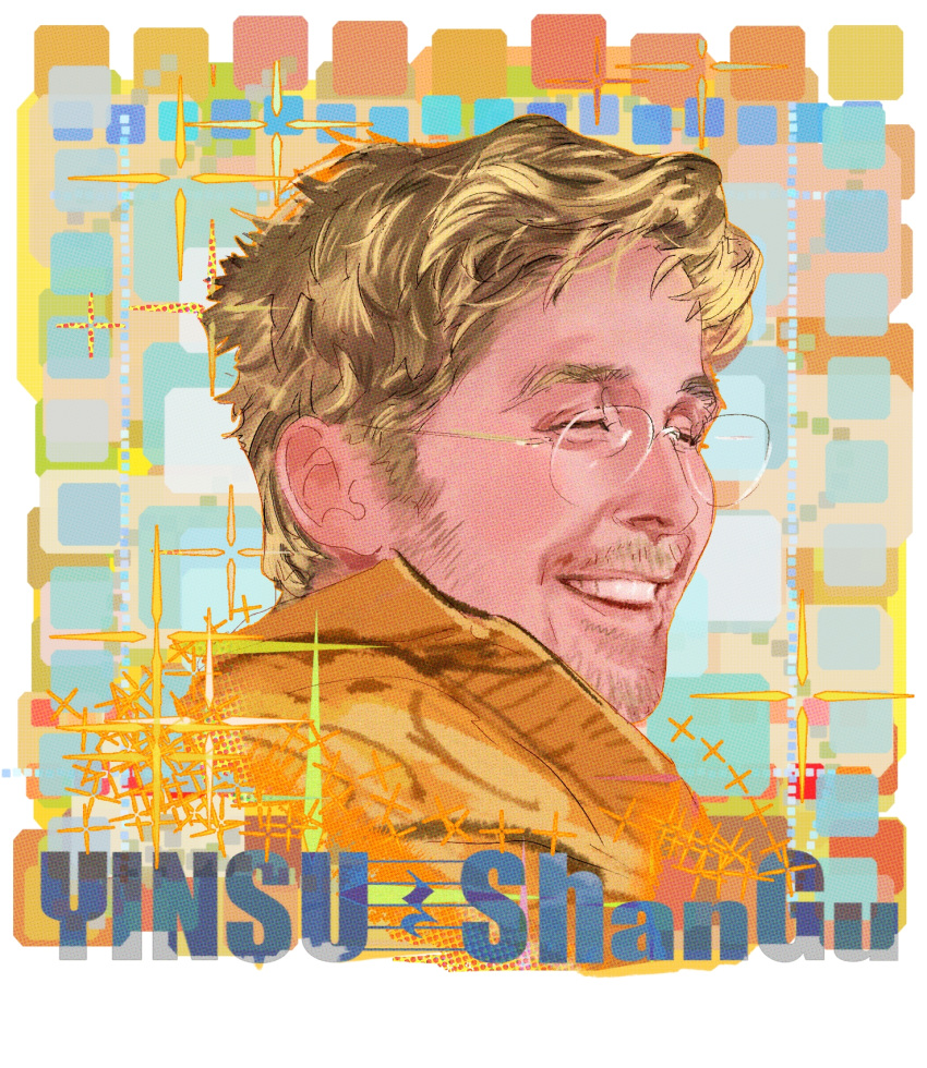 1boy astronaut beard beard_stubble blonde_hair casual commentary_request facial_hair glasses highres male_focus messy_hair project_hail_mary round_eyewear ryland_grace solo stubble yoku_(liuyc)