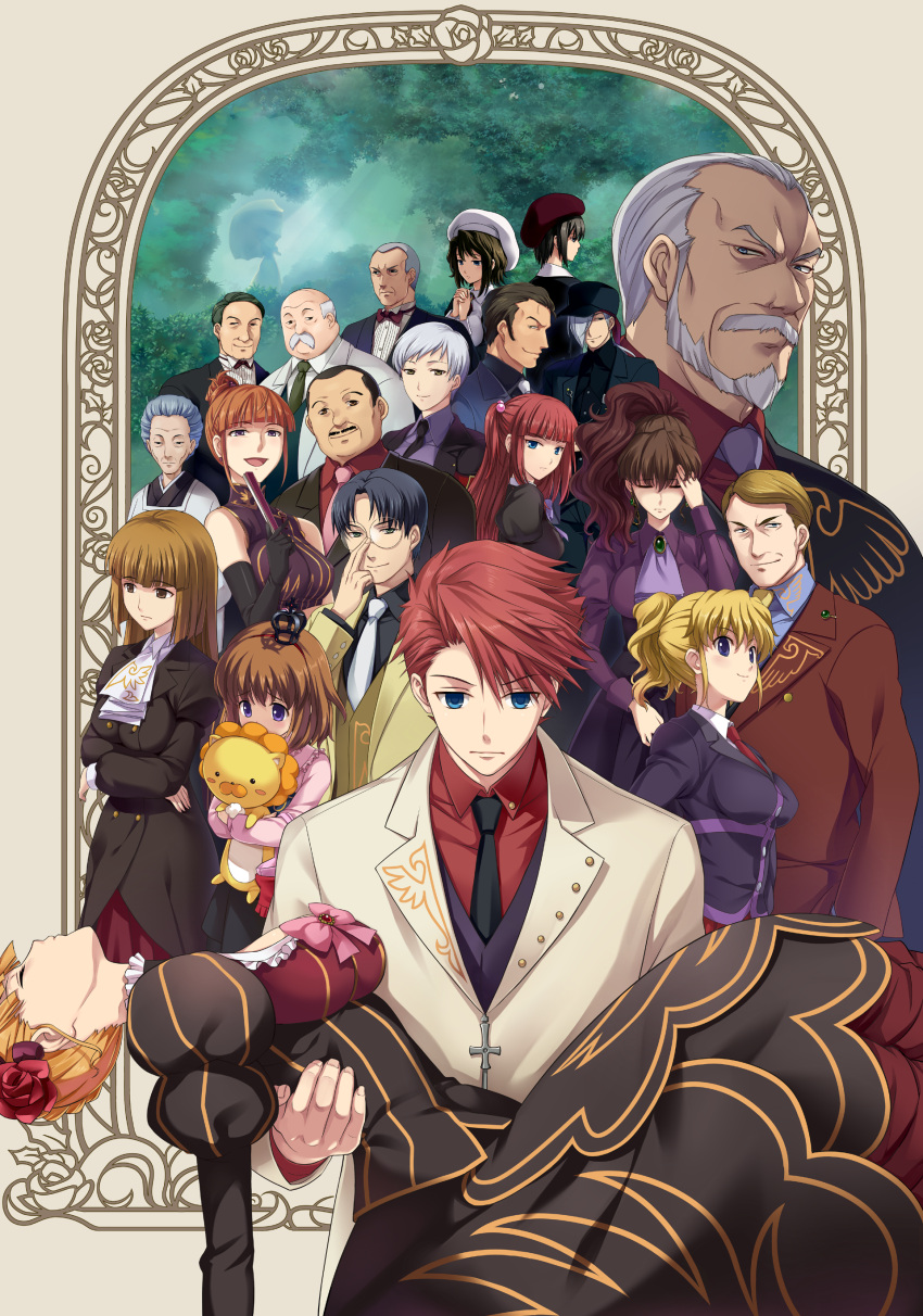 amakusa_juuza beatrice beret black_hair blonde_hair blue_eyes blush brown_eyes brown_hair choker crown dress earrings flower formal glasses gloves gouda_toshirou green_eyes hair_bobbles hair_ornament hat highres hime_cut jacket jewelry kanon_(umineko) kumasawa_chiyo long_hair maid nanjou_terumasa necktie official_art orange_hair ponytail purple_eyes red_hair red_rose redhead ribbon ronoue_genji rose sakutarou shannon short_hair silver_hair skirt smile suit twintails umineko_no_naku_koro_ni ushiromiya_ange ushiromiya_battler ushiromiya_eva ushiromiya_george ushiromiya_hideyoshi ushiromiya_jessica ushiromiya_kinzou ushiromiya_krauss ushiromiya_kyrie ushiromiya_maria ushiromiya_natsuhi ushiromiya_rosa ushiromiya_rudolf violet_eyes