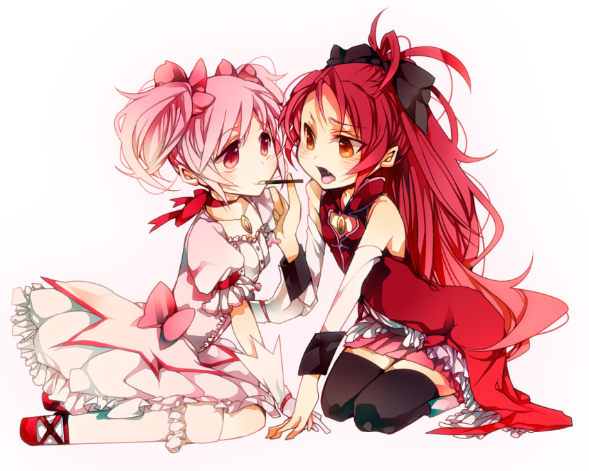 bad_feet bad_hands bad_id blush bow dress fang female gloves hair_bow kaname_madoka kneehighs long_hair mahou_shoujo_madoka_magica mouth_hold moyakami multiple_girls pink_hair pocky pocky_kiss ponytail red_eyes red_hair redhead sakura_kyouko shared_food short_hair short_twintails simple_background skirt thigh-highs thighhighs twintails white yuri zettai_ryouiki