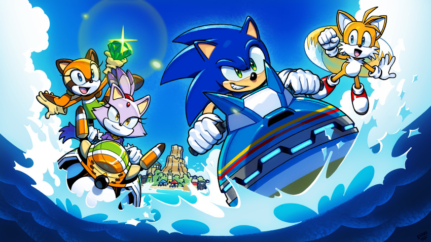 2girls 3boys absurdres animal_ears blaze_the_cat blue_eyes blue_fur blue_sky boat cat_ears cat_girl cat_tail chaos_emerald clouds evan_stanley flying forehead_jewel fox_boy fox_ears fox_tail fur-trimmed_gloves fur_trim furry furry_female furry_male gem gloves green_eyes green_gem highres island jet_ski marine_the_raccoon multiple_boys multiple_girls multiple_tails ocean open_mouth ponytail purple_fur raccoon_ears racing red_gem robot sky smile sonic_(series) sonic_rush sonic_rush_adventure sonic_the_hedgehog tail tails_(sonic) two_tails water watercraft white_gloves yellow_eyes