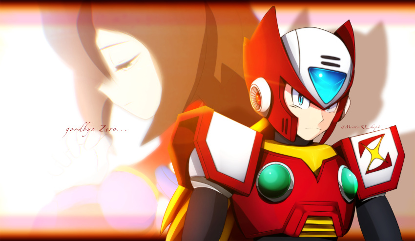 1boy 1girl absurdres android armor blonde_hair blue_eyes brown_hair chest_jewel closed_mouth commentary_request dress english_commentary forehead_jewel green_eyes half-closed_eyes helmet highres iris_(mega_man) long_hair looking_at_viewer low-tied_long_hair mega_man_(series) mega_man_x_(series) multicolored_dress own_hands_together pixiv_username ponytail red_armor red_helmet robot robot_ears shoulder_armor solo syoutoku_k5 twitter_username upper_body very_long_hair zero_(mega_man)
