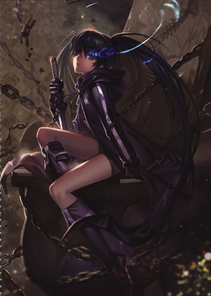 absurdres alphonse_(white_datura) bikini_top black_hair black_rock_shooter black_rock_shooter_(character) blue_eyes boots chain chains dark gloves glowing glowing_eyes highres knee_boots long_hair sitting solo star sword twintails very_long_hair weapon