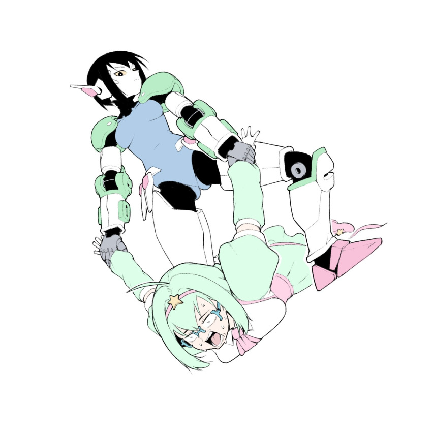 2girls ahoge aqua_dress aurora_(yblndr) black_eyes black_hair breast_press breasts colored_sclera constricted_pupils detached_sleeves dress dual_persona dutch_angle glasses gloves hairband highres mechaurora_(yblndr) medium_breasts multiple_girls open_mouth original pink_hairband robot_girl schleifenprinzessin_aurora_(yblndr) star_hairband white_gloves yblndr yellow_sclera