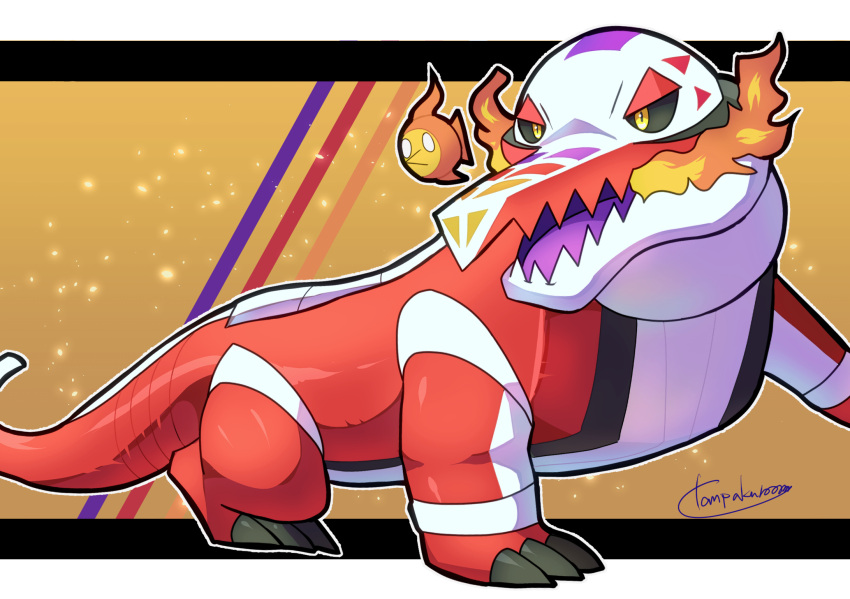 artist_name black_sclera colored_sclera commentary_request fire full_body highres looking_at_viewer no_humans open_mouth pokemon pokemon_(creature) pokemon_focus sharp_teeth simple_background skeledirge solo tanpakuroom teeth yellow_eyes