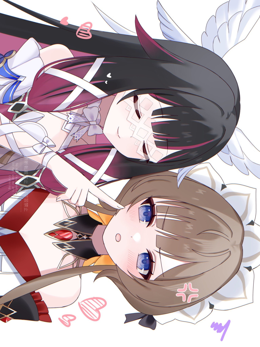 2girls anger_vein arm_bow bare_shoulders black_collar black_hair black_sleeves blue_eyes bonnet bow bowtie brown_hair cheek_poking closed_eyes closed_mouth collar columbina_(genshin_impact) detached_collar detached_sleeves dress eye_mask genshin_impact gradient_hair hair_bow hair_ornament head_wings heart highres kino_(curry_pan) long_hair long_sidelocks mask multicolored_hair multiple_girls multiple_wings open_mouth poking purple_hair purple_streaks ribbon sandrone_(genshin_impact) see-through_clothes see-through_mask short_hair_with_long_locks sidelocks simple_background smile streaked_hair two-tone_hair white_background white_dress white_headdress white_mask white_wings wing_hair_ornament wings wrist_bow x-shaped_eyewear