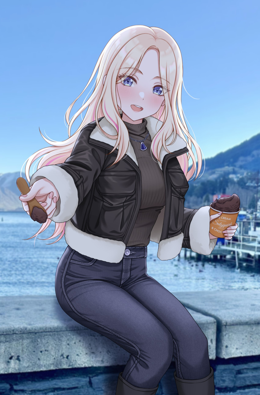 1girl absurdres artist_name black_boots black_jacket blonde_hair blue_eyes blue_pants blush boots brown_sweater chain chain_necklace commentary_request cropped_legs cup day denim disposable_cup disposable_ice_cream_cup disposable_spoon food fur-trimmed_jacket fur-trimmed_sleeves fur_trim gakuen_idolmaster harbor highres holding holding_spoon ice_cream ice_cream_spoon idolmaster incoming_food jacket jeans jewelry juo_sena knee_boots leather leather_jacket long_hair looking_at_viewer mountain multicolored_hair necklace open_clothes open_jacket open_mouth outdoors pants parted_bangs pendant photo_background pink_nails pink_streaks sitting smile solo spoon streaked_hair sulgi_park sweater teeth turtleneck turtleneck_sweater upper_teeth_only water wooden_spoon