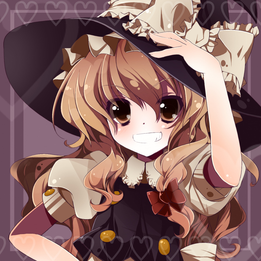bad_id blonde_hair braid brown_eyes bust gotou_nao grin hand_on_hat hand_on_hip hat highres hips kirisame_marisa lucie rairateru smile solo touhou witch witch_hat