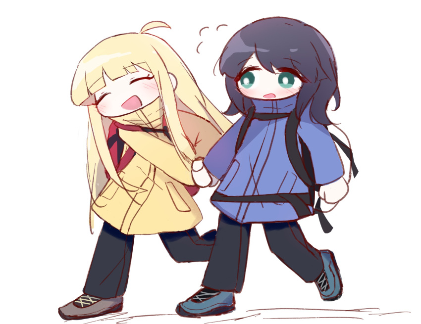 2girls ahoge backpack bag black_pants blonde_hair blue_jacket blue_shoes blush brown_shoes chibi cho_kaguya-hime! closed_eyes commentary_request full_body green_eyes highres holding_hands jacket kaguya_(cho_kaguya-hime!) kilocalories long_sleeves looking_at_another medium_hair multiple_girls no_nose open_mouth pants red_bag sakayori_iroha shoes walking white_background white_bag yellow_jacket