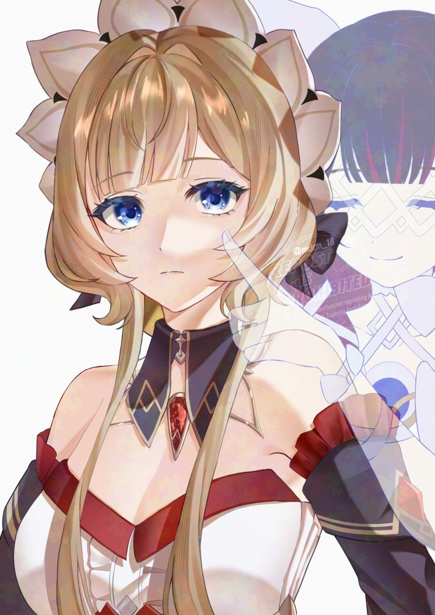 2girls bare_shoulders black_bow black_collar black_hair black_sleeves blue_eyes bonnet bow bowtie brown_hair closed_eyes closed_mouth collar columbina_(genshin_impact) commentary_request detached_collar detached_sleeves dress eye_mask finger_to_another's_cheek gem genshin_impact hair_ornament highres long_hair mask multicolored_hair multiple_girls purple_hair purple_streaks red_gem ribbon sandrone_(genshin_impact) short_hair_with_long_locks simple_background smile streaked_hair two-tone_hair watatai white_background white_bow white_dress white_headdress white_wings wings x-shaped_eyewear yuri