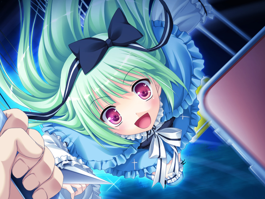 1girl :d bloody_rondo blush dress eyebrows_visible_through_hair female fransisc_poirot from_above game_cg green_hair hair_bow hair_ornament long_hair makita_maki night open_mouth red_eyes ribbons sky solo thigh-highs thighhighs tree weapon