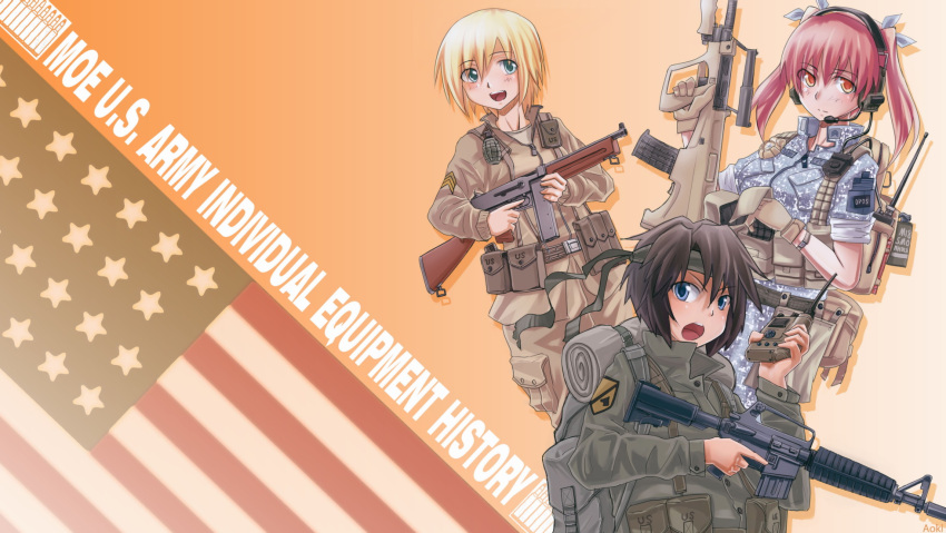 aoki_(miharuu) assault_rifle bad_id belt blonde_hair brown_hair bullpup colt_commando explosive gloves grenade gun hair_ribbon headband headset highres long_hair m16 m4_carbine miharuu military military_uniform multiple_girls operator original radio ribbon rifle roach_(modern_warfare_2) short_hair sleeves_rolled_up steyr_aug submachine_gun thompson_submachine_gun trigger_discipline twintails uniform vietnam weapon world_war_ii wwii