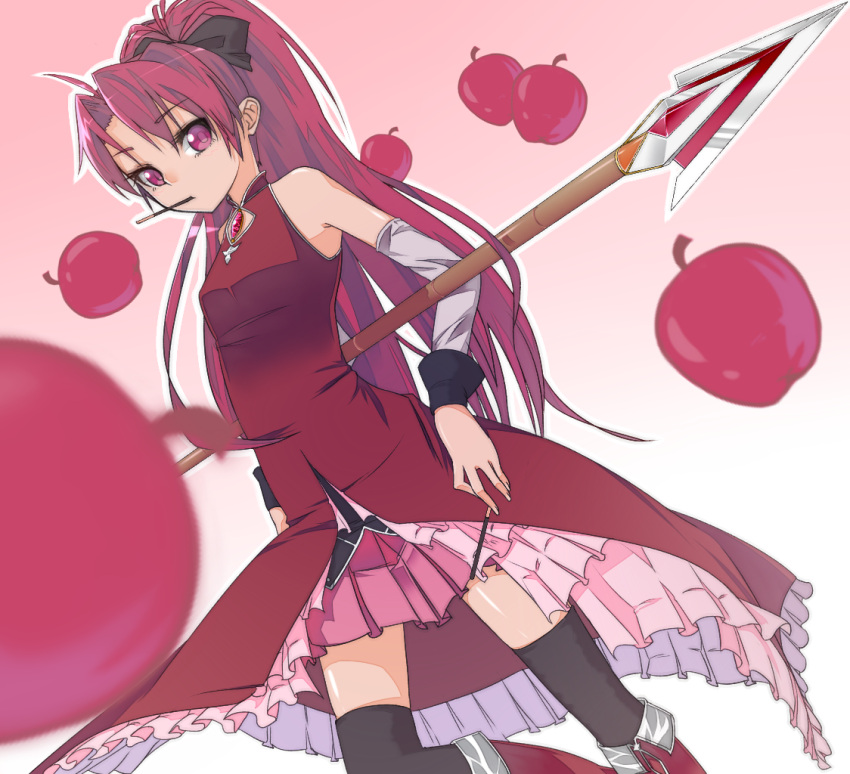 apple bare_shoulders black_legwear black_thighhighs blurry boots depth_of_field detached_sleeves dutch_angle food fruit ibuki_notsu mahou_shoujo_madoka_magica mouth_hold notsugimi pink_eyes pocky polearm ponytail red_eyes red_hair redhead sakura_kyouko simple_background solo spear thigh-highs thighhighs weapon