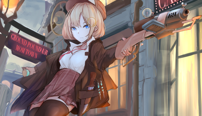 1girl absurdres blonde_hair blue_eyes breasts deerstalker eyebrows_behind_hair ginga_elyka ground_pound hair_ornament hat highres holding holding_weapon hololive hololive_english knife loose_necktie monocle_hair_ornament necktie syringe thigh-highs virtual_youtuber watson_amelia weapon