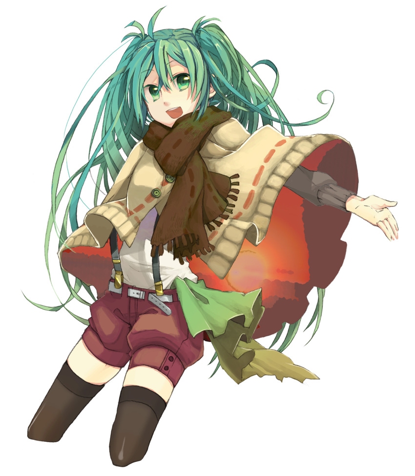 belt green_eyes green_hair hatsune_miku highres open_mouth outstretched_arm scarf shorts simple_background solo suspenders thigh-highs thighhighs vocaloid yuhki_k