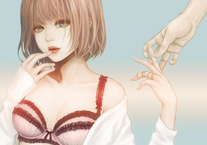 frilled_bra frills green_eyes hand_to_mouth hands highres jewelry lingerie lips lipstick makeup original ring short_hair sifuri solo underwear