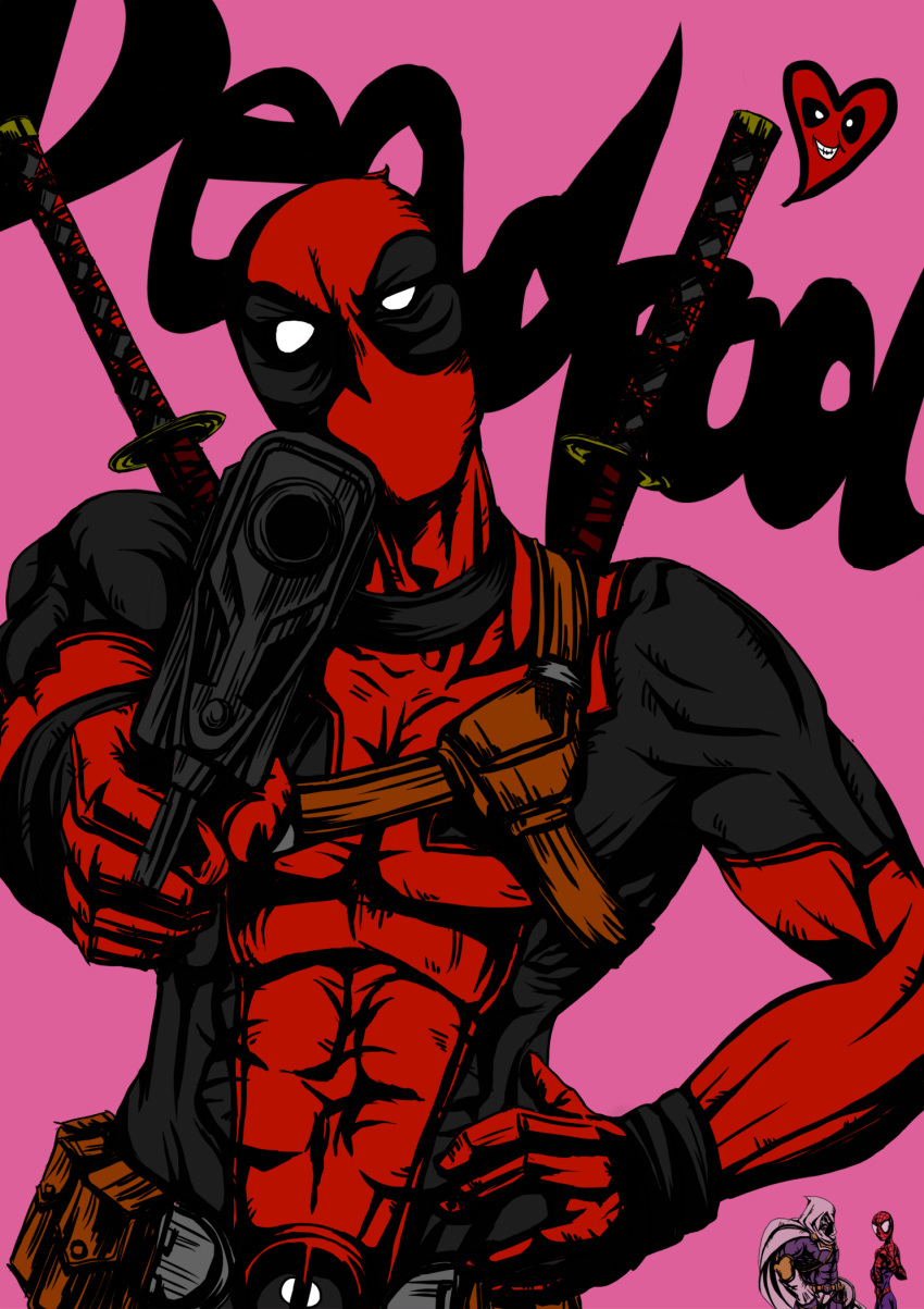 3boys artist_request character_name deadpool gun highres katana marvel midrox multiple_boys pov_aiming spider-man sword taskmaster weapon