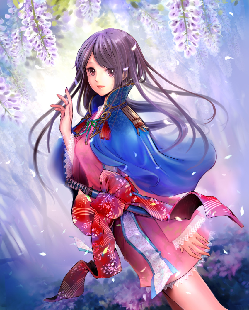 cape dutch_angle flower highres japanese_clothes long_hair oichi_(sengoku_taisen) original petals purple_eyes purple_hair smile solo sword violet_eyes weapon wisteria y-chan