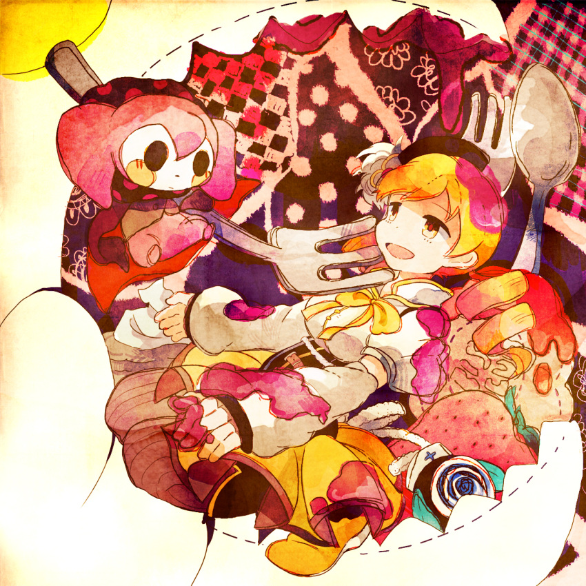 beret blonde_hair bowl charlotte_(madoka_magica) detached_sleeves drill_hair food fork fruit hair_ornament hat highres magical_girl mahou_shoujo_madoka_magica mocha_(mokaapolka) open_mouth pleated_skirt puffy_sleeves skirt smile spoon strawberry syrup thigh-highs thighhighs tomoe_mami witch's_labyrinth yellow_eyes