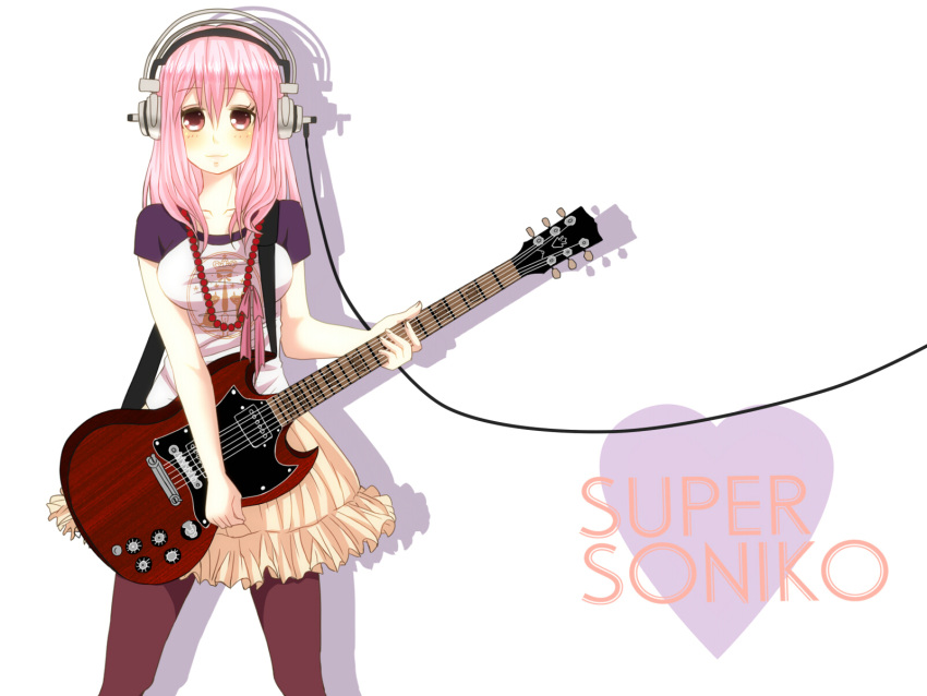 guitar headphones nitroplus pink_eyes pink_hair soniko super_soniko