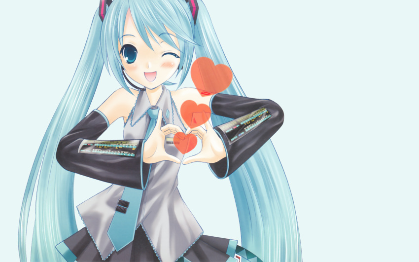 aqua_hair blue_eyes blush detached_sleeves hatsune_miku heart heart_hands highres necktie open_mouth simple_background skirt twintails very_long_hair vocaloid wink
