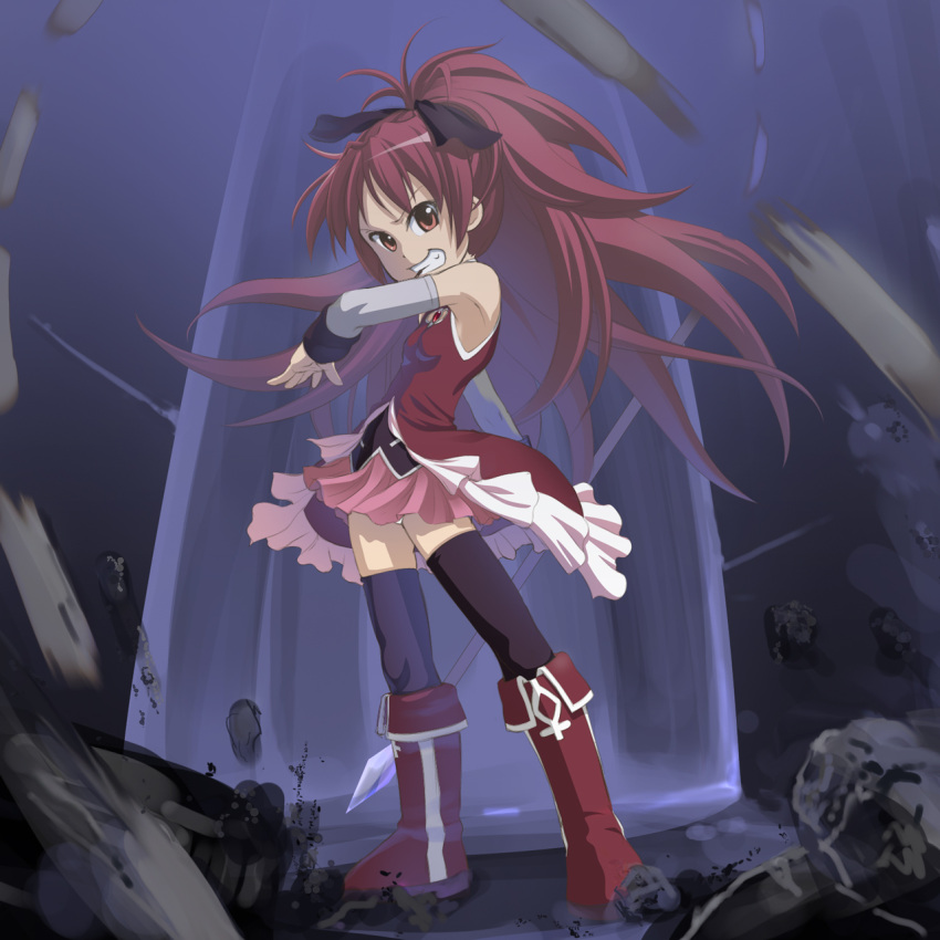 black_legwear boots grin highres long_hair magical_girl mahou_shoujo_madoka_magica pocky polearm ponytail red_eyes red_hair redhead sakura_kyouko smile solo spear standing tam2 thigh-highs thighhighs weapon
