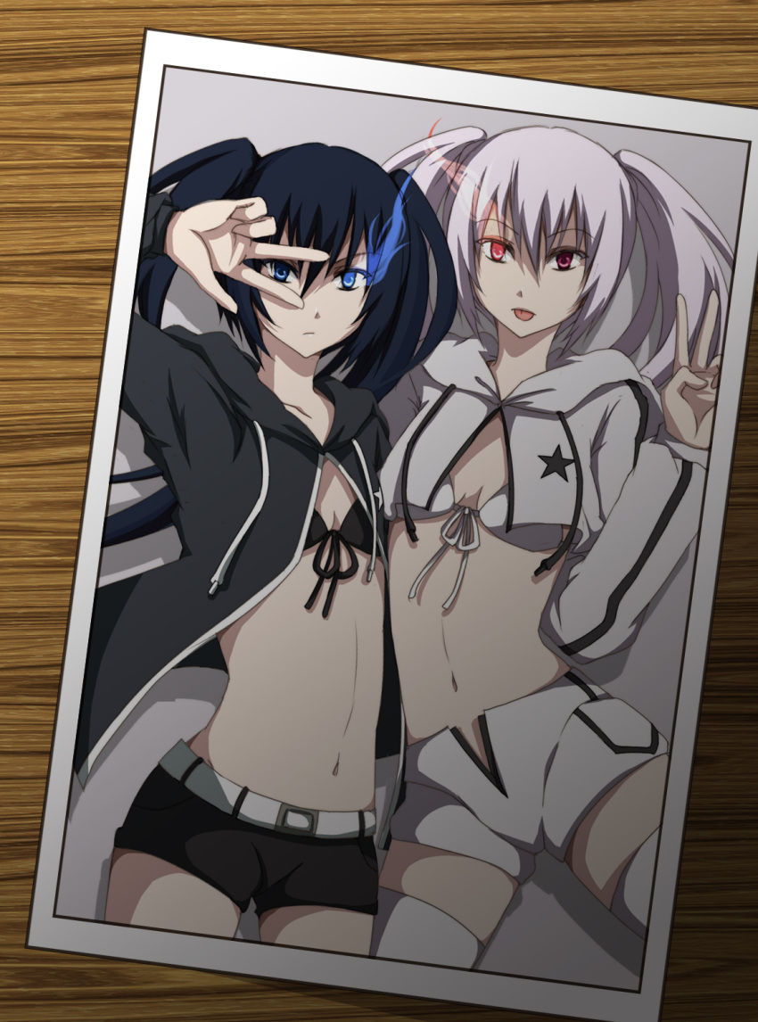 :p belt bikini_top black_hair black_rock_shooter black_rock_shooter_(character) black_rock_shooter_(game) blue_eyes coat glowing glowing_eye highres midriff multiple_girls navel nonewane open_fly photo_(object) red_eyes shorts star thigh-highs thighhighs tongue twintails unzipped v v_over_eye white_hair white_legwear white_rock_shooter white_thighhighs